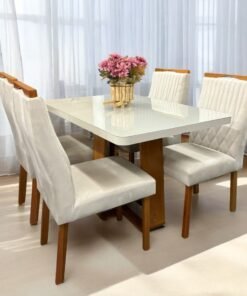 Mesa Sintonia (Tampo Maxi) 120x80 Amêndoa Clean/Off White com 4 Cadeiras Gênova Veludo Marfim
