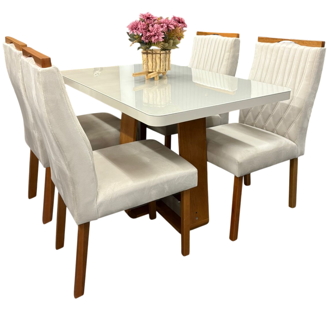 Mesa Sintonia (Tampo Maxi) 120x80 Amêndoa Clean/Off White com 4 Cadeiras Gênova Veludo Marfim - Imagem 5
