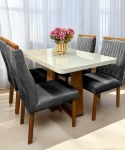 Mesa Sintonia (Tampo Maxi) 120 com 4 Cadeiras Gênova Veludo Grafite – LOPAS + ART ASSENTOS