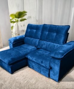 Sofa Retratil e Reclinavel Suica 2,10 m Veludo Azul - LEO DECOR (PROMOÇÃO - LEVE AVARIA)