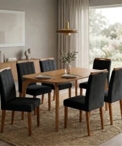 Mesa Capri 160 (S/Vidro) Laminado Natural com 6 Cadeiras Las Vegas Veludo Preto 13 – MÓVEIS VALVERDE + OURO DECOR