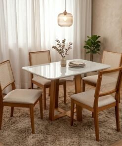 Mesa Pedro 120 Mel/Off White com 4 Cadeiras Dubai Mel/Linho Bege 614 – ART ASSENTOS