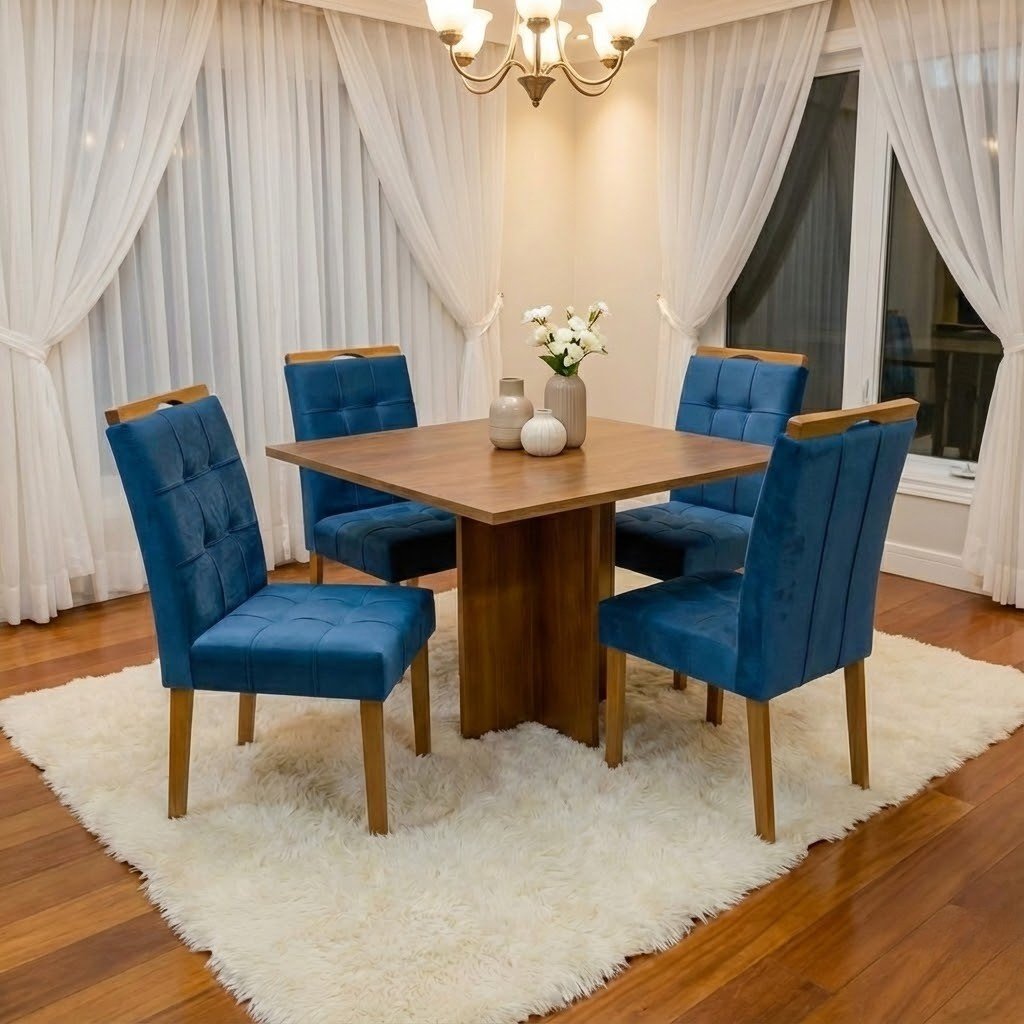 Mesa Salinas 120 (Tampo Londres s/ vidro) Cinamomo com 4 Cadeiras Sophia Veludo Azul – CEL MÓVEIS + WM DECOR - Imagem 3