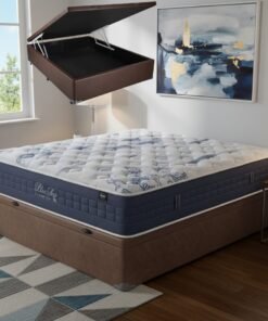 Colchão Casal Blue Sea 31 cm D28 Molas Ensacadas + Base Baú Corino Marrom – ANJOS + ALTO NÍVEL