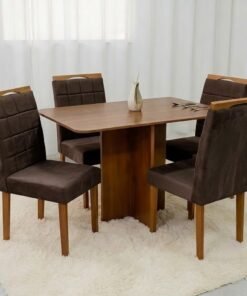 Mesa Salinas 120 (Tampo Londres s/vidro) Cinamomo/Off White com 4 Cadeiras Las Vegas Veludo Marrom 17 – CEL MÓVEIS + OURO DECOR