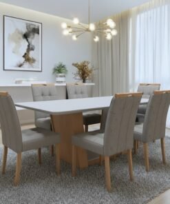 Mesa Apogeu (Tampo Maxi) 170 Amêndoa Clean/Off White com 6 Cadeiras Sophia Linho Cinza Grafite 206 – LOPAS + WM DECOR