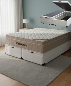 Colchão Queen Airtech Springpocket 25 cm D26 Molas Ensacadas + Base Baú Corino Branco – ORTOBOM + ALTO NÍVEL