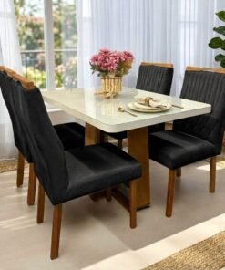 Mesa Sintonia (Tampo Maxi) 120 Amêndoa Clean/Off White com 4 Cadeiras Gênova Veludo Preto – LOPAS + ART ASSENTOS