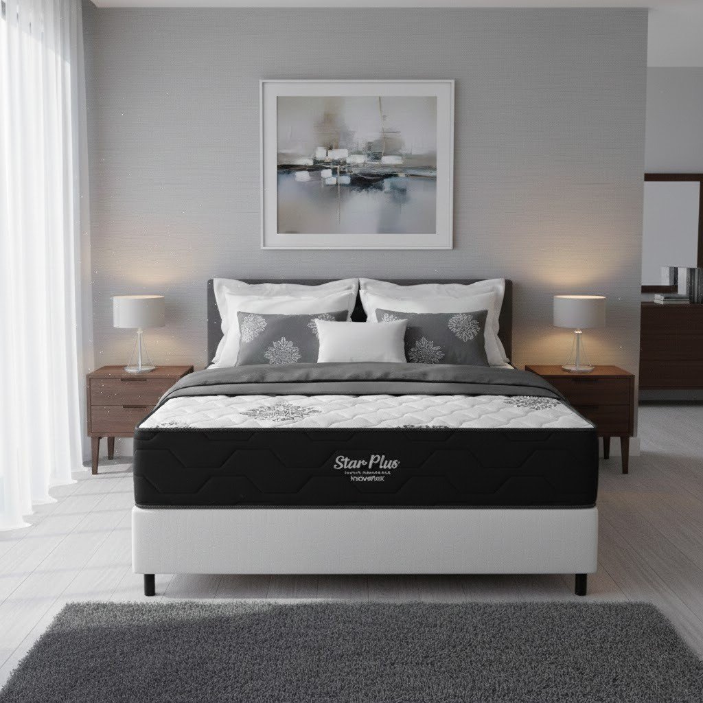 Colchão Casal Star Plus 25 cm D26 Molas Ensacadas + Base Simples Corino Branco – INOVAFLEX + ALTO NÍVEL