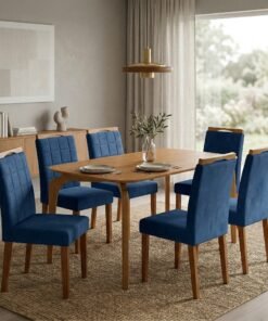 Mesa Capri 160 (S/Vidro) Laminado Natural com 6 Cadeiras Las Vegas Veludo Azul 24 – MÓVEIS VALVERDE + OURO DECOR