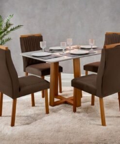 Mesa Pedro 120 Mel/Off White com 4 Cadeiras Gênova Veludo Marrom – ART ASSENTOS