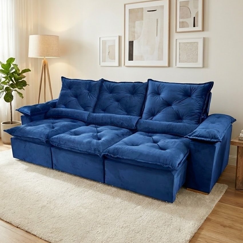 Sofá Retrátil e Reclinável Grécia 2,70 m Veludo Azul – QUINE ESTOFADOS