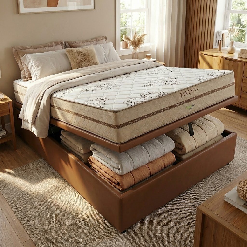 Colchão Casal Toronto 30 cm D28 Molas Ensacadas + Base Baú Corino Marrom – ECOTEC + ALTO NÍVEL