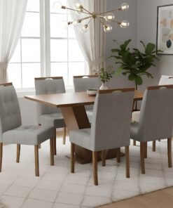 Mesa Classic 160 Cinamomo Laminado com 6 Cadeiras Sophia Linho Cinza Grafite 206 – CEL MÓVEIS + WM DECOR
