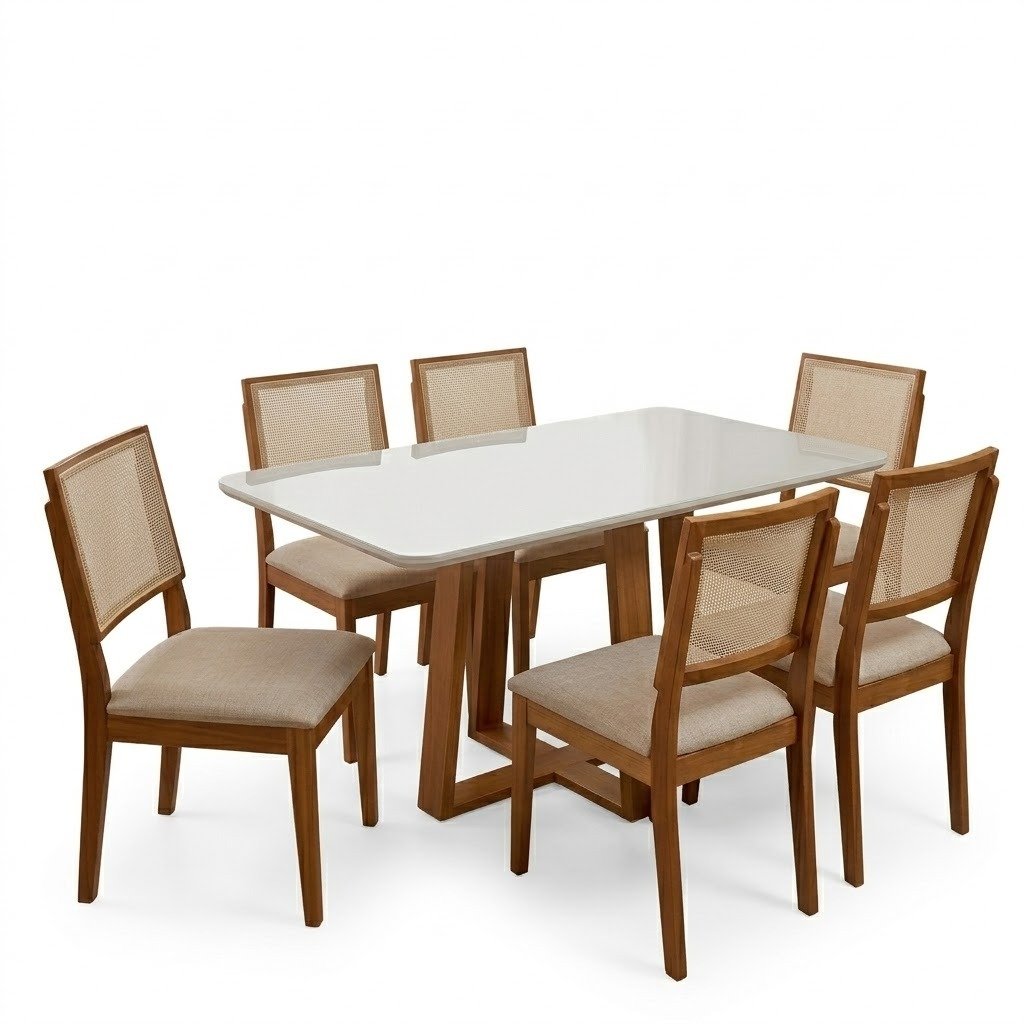 Mesa Pedro 160 Mel/Off White com 6 Cadeiras Dubai Mel/Linho Bege 614 – ART ASSENTOS - Imagem 2