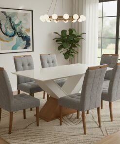 Mesa Amora BA35 160 Canela/Off White com 6 Cadeiras Sophia Linho Cinza Grafite 206 – KAPPESBERG + WM DECOR