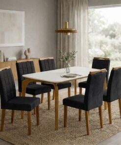 Mesa Capri 160 (C/Vidro) Cinamomo/Off White com 4 Cadeiras Las Vegas Veludo Preto 13 – MÓVEIS VALVERDE + OURO DECOR