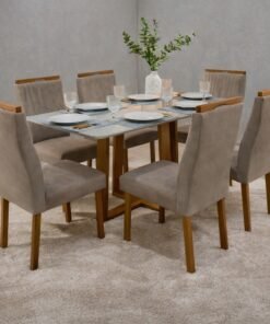 Mesa Pedro 160 Mel/Off White com 6 Cadeiras Gênova Veludo Bege Capuccino 506 – ART ASSENTOS