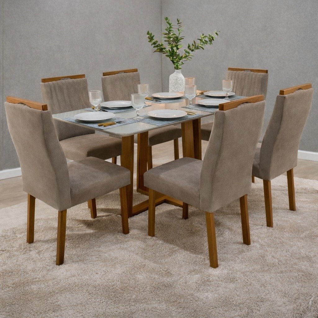 Mesa Pedro 160 Mel/Off White com 6 Cadeiras Gênova Veludo Bege Capuccino 506 – ART ASSENTOS