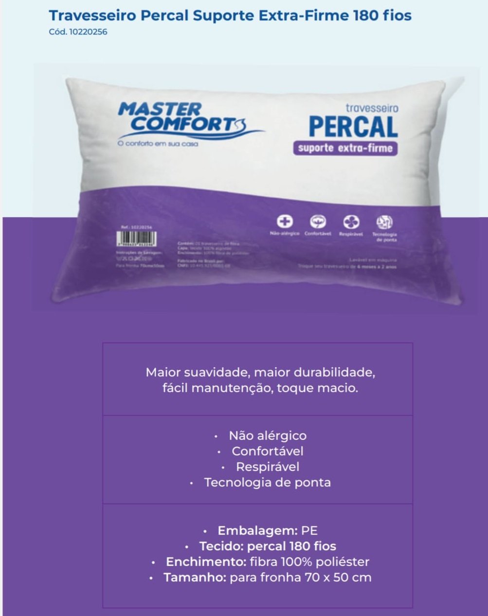 Travesseiro Fibra Percal Suporte Extra Firme – PILLOWTEX COLCHÕES - Imagem 2
