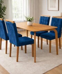 Mesa Capri 120 (S/Vidro) Laminado Natural com 4 Cadeiras Las Vegas Veludo Azul 24 – MÓVEIS VALVERDE + OURO DECOR
