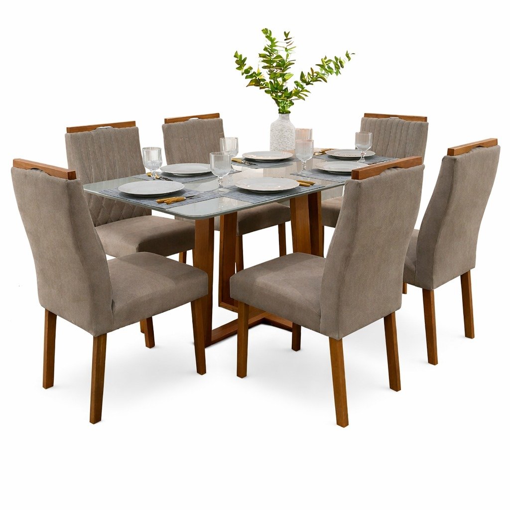 Mesa Pedro 160 Mel/Off White com 6 Cadeiras Gênova Veludo Bege Capuccino 506 – ART ASSENTOS - Imagem 3