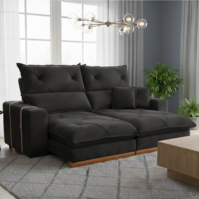 Sofá Retrátil e Reclinável Gran Bello Light 2,30 m Veludo Preto – QUINE ESTOFADOS