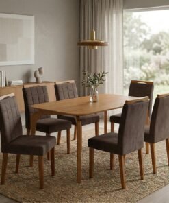 Mesa Capri 160 (S/Vidro) Laminado Natural com 6 Cadeiras Las Vegas Veludo Marrom 17 – MÓVEIS VALVERDE + OURO DECOR