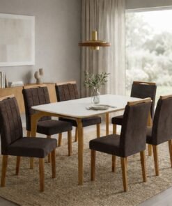 Mesa Capri 160 (C/Vidro) Cinamomo/Off White com 4 Cadeiras Las Vegas Veludo Marrom 17 – MÓVEIS VALVERDE + OURO DECOR