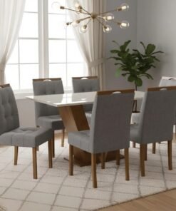 Mesa Classic 160 Cinamomo/Off White com 6 Cadeiras Sophia Veludo Cinza Grafite 102 – CEL MÓVEIS + WM DECOR