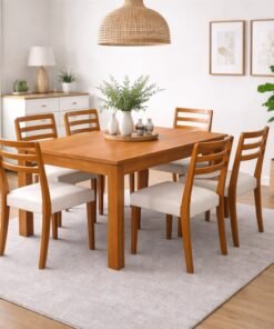 Mesa Athenas 180 Amêndoa Clean com 6 Cadeiras Turquia Mel/Linho Palha 311A – LOPAS + HR MOVELARIA