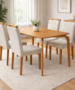 Mesa Capri 120 (S/Vidro) Laminado Natural com 4 Cadeiras Las Vegas Veludo Bege 01 – MÓVEIS VALVERDE + OURO DECOR