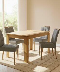 Mesa Athenas 120 Amêndoa Clean com 4 Cadeiras Sophia Veludo Cinza Grafite – LOPAS + WM DECOR