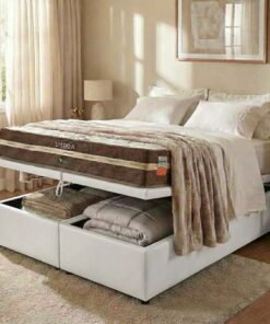 Colchão Queen Lisboa 24 cm D28 Molas Ensacadas + Base Baú Corino Branco – ECOTEC + ALTO NÍVEL