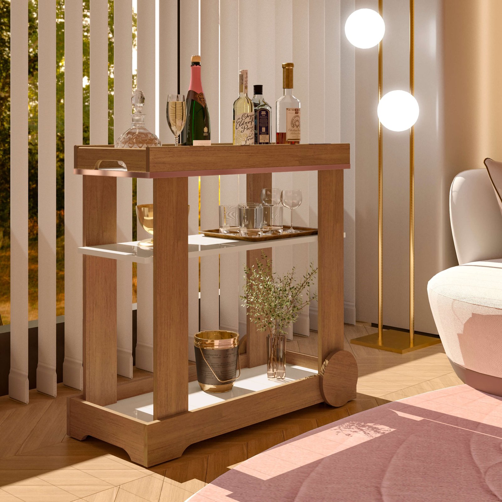 Carrinho Bar Rosé Cinamomo/Off White - ARTELY