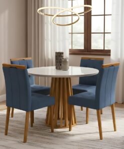Mesa Redonda Berlim 100 Cinamomo/Off White com 4 Cadeiras Sophia Veludo Azul – CEL MÓVEIS + WM DECOR