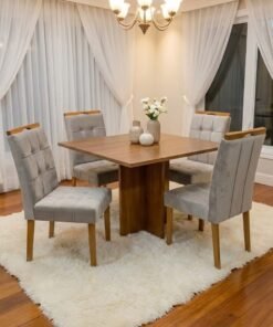 Mesa Salinas 100 (Tampo Dakota s/ vidro) Cinamomo com 4 Cadeiras Sophia Veludo Bege – CEL MÓVEIS + WM DECOR