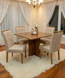 Mesa Salinas 100 (Tampo Dakota s/ vidro) Cinamomo com 4 Cadeiras Sophia Linho Bege 200 – CEL MÓVEIS + WM DECOR