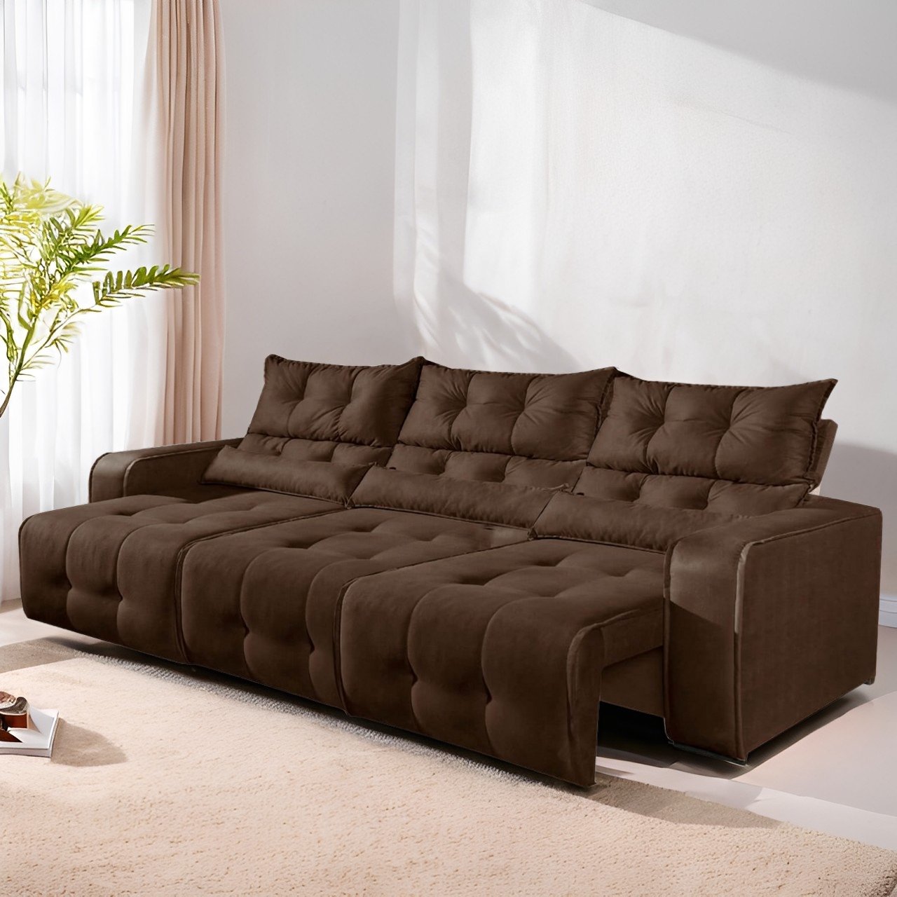 Sofá Retrátil e Reclinável Premier/Minas 2,50 m Veludo Marrom 506 - DECORAR ESTOFADOS