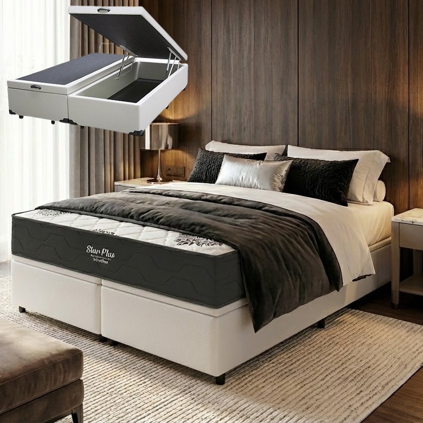 Colchão Queen Star Plus 25 cm D26 Molas Ensacadas + Base Baú Corino Branco – INOVAFLEX + ALTO NÍVEL