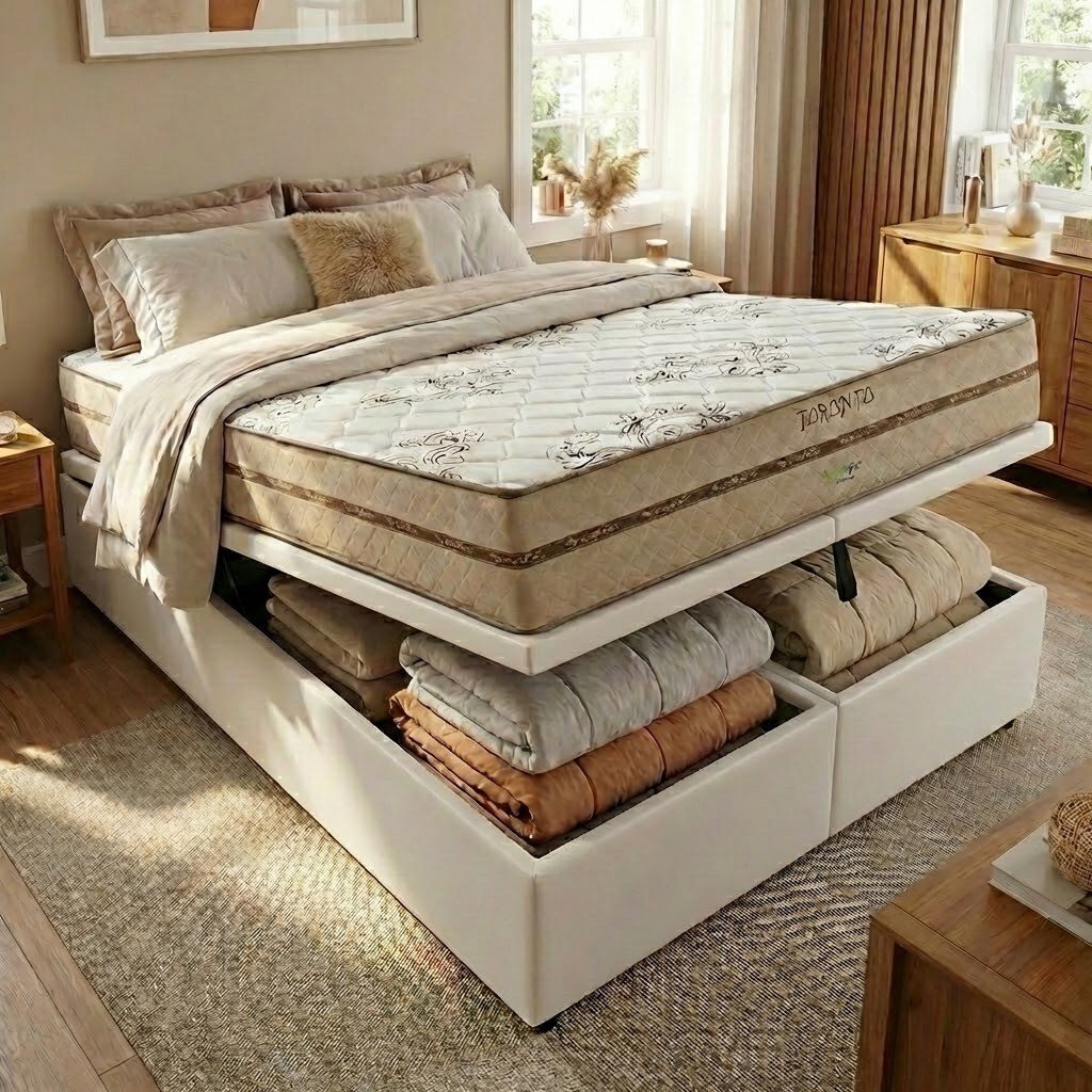 Colchão Queen Toronto 30 cm D28 Molas Ensacadas + Base Baú Corino Branco – ECOTEC + ALTO NÍVEL