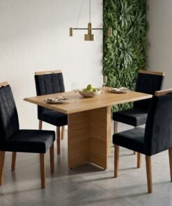 Mesa Pérola 120 Imbuia Mel (Tampo Viena s/vidro) com 4 Cadeiras Las Vegas Veludo Preto 13 – CARVALHO DECOR + OURO DECOR