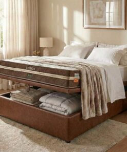 Colchão Casal Lisboa 24 cm D28 Molas Ensacadas + Base Baú Corino Marrom – ECOTEC + ALTO NÍVEL