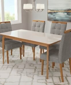 Mesa Alegra 120 Cinamomo/Off White com 4 Cadeiras Sophia Linho Cinza Grafite 206 – JCM MOVELARIA + WM DECOR