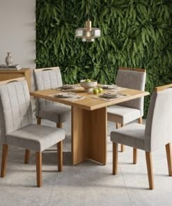 Mesa Pérola 90 Imbuia Mel (Tampo Viena s/vidro) com 4 Cadeiras Las Vegas Veludo Bege 01 – CARVALHO DECOR + OURO DECOR
