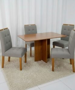 Mesa Salinas 120 (Tampo Londres s/ vidro) Cinamomo com 4 Cadeiras Sophia Linho Cinza Grafite 206 – CEL MÓVEIS + WM DECOR