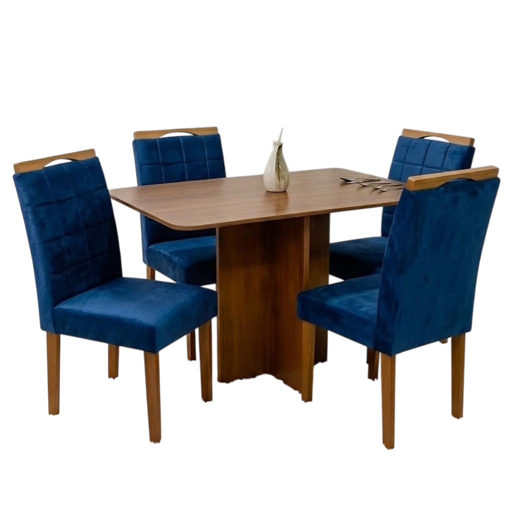 Mesa Salinas 120 (Tampo Londres s/vidro) Cinamomo/Off White com 4 Cadeiras Las Vegas Veludo Azul 24 – CEL MÓVEIS + OURO DECOR - Imagem 2