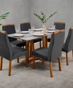 Mesa Pedro 160 Mel/Off White com 6 Cadeiras Gênova Veludo Grafite – ART ASSENTOS