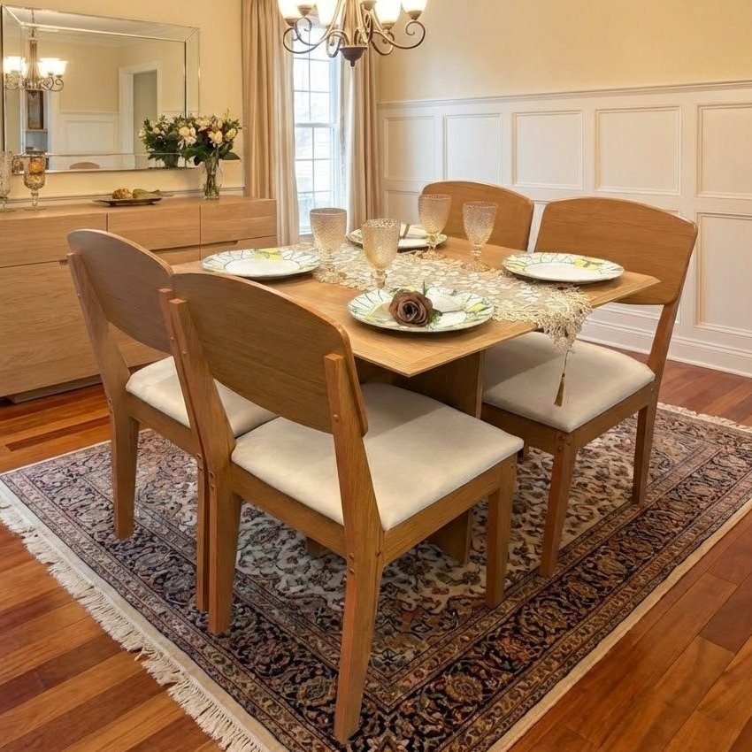 Mesa Pérola 90 Imbuia Mel (Tampo Viena s/vidro) com 4 Cadeiras Havana Veludo Creme – CARVALHO DECOR + RUFATO