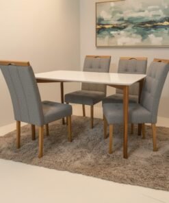 Mesa Ravena 120 Naturale/Off White com 4 Cadeiras Sophia Linho Cinza Grafite 206 – CLEFATOS DECOR + WM DECOR